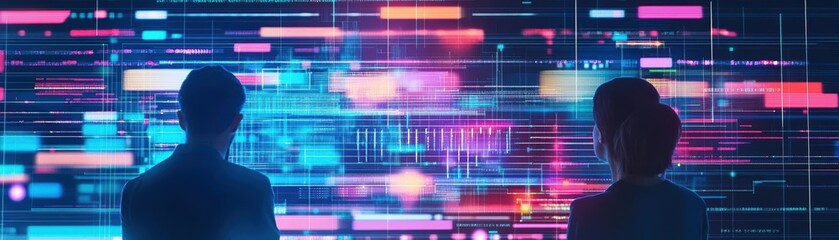 Obraz premium Two Individuals Engaged in Deep Focus While Observing a Bright Digital Display in a Modern Workspace Highlighting Collaboration and Technological Innovation