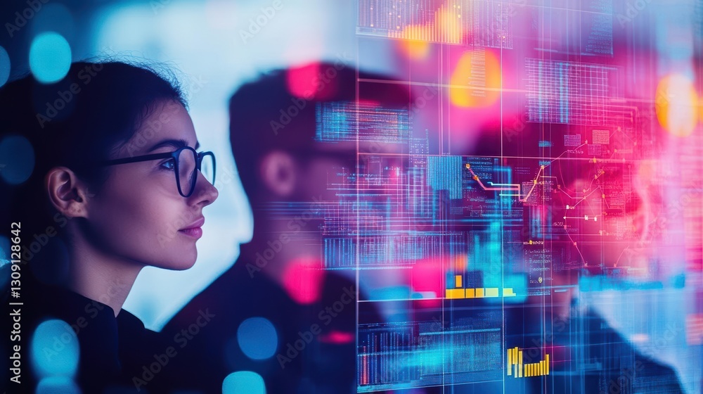 Aufkleber a woman intently gazing at a vibrant digital screen in a modern setting illuminated by soft ambient 