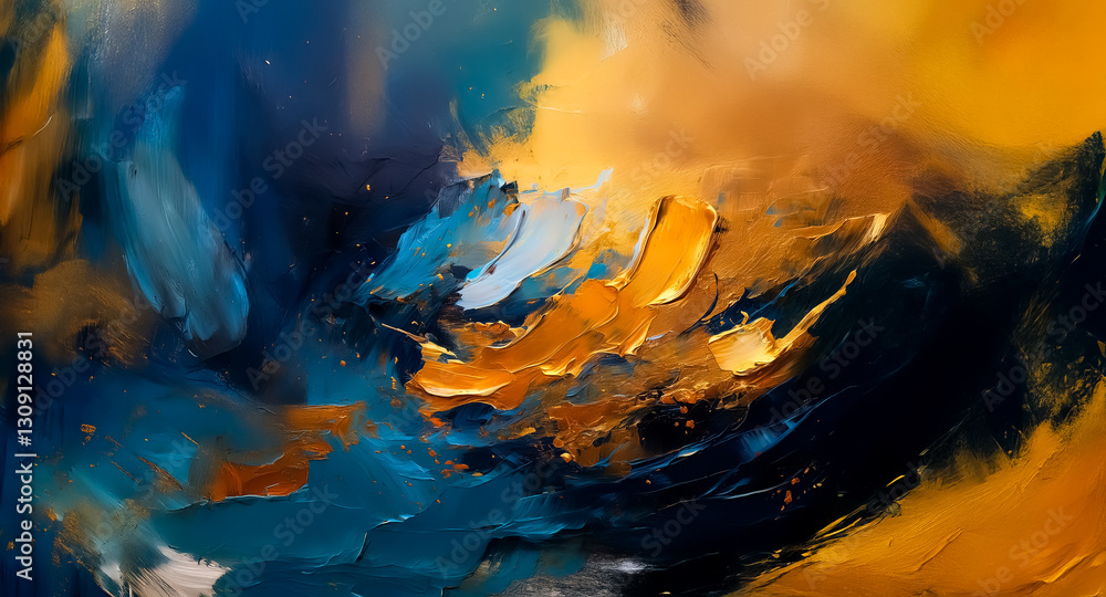 Poster Abstract background with swirling brushstrokes of deep blue and vibrant gold, creating a dynamic and textured artistic display.