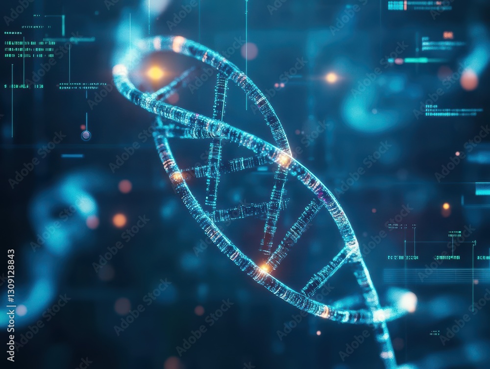 Poster intricate dna strand against a vibrant blue background highlighting the complexity of genetic struct