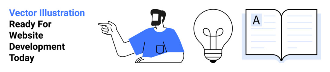 Man gesturing with arm extended, bulb symbolizing ideas, open book for learning and creativity. Ideal for education, innovation, business, writing, tutorials, presentations flat landing page banner