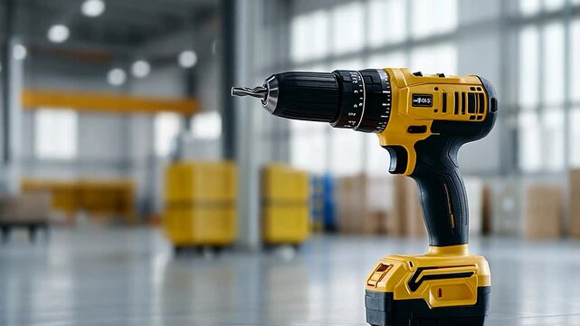 Close-up of a cordless drill on a factory floor with boxes and shelves in the background