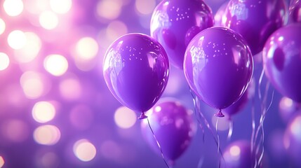 3D rendering of purple balloons flying in the air with bokeh lights in the background
