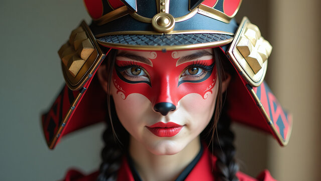 female samurai wears elegant fox mask red white makeup beautiful face