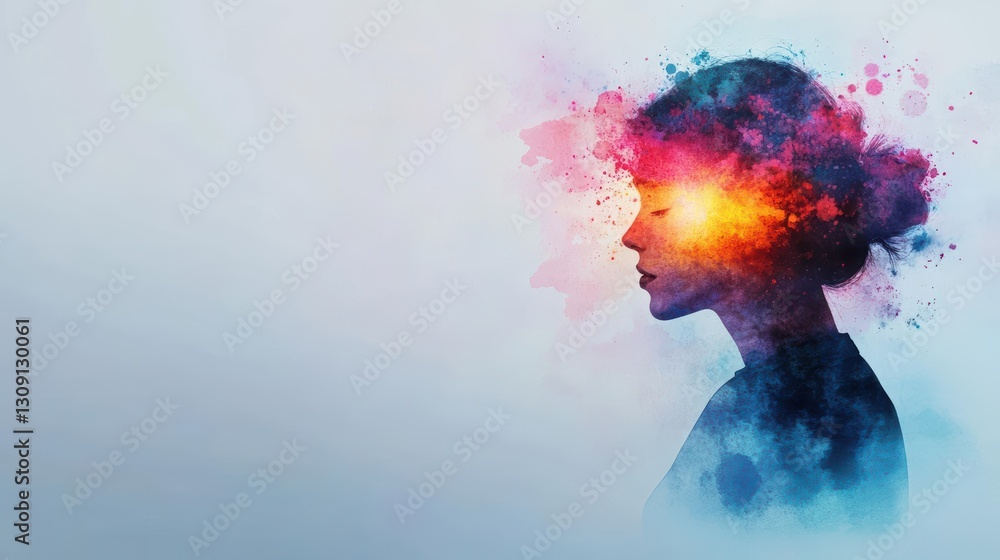 Poster vibrant and artistic portrait of a woman with an explosion of colorful paint surrounding her head cr