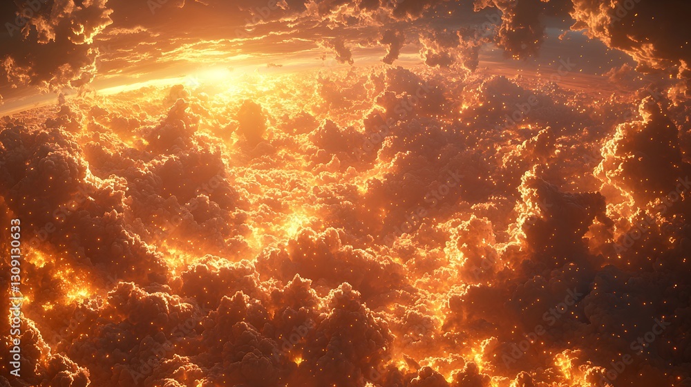 Poster Aerial view of a fiery cloudscape with celestial illumination from above