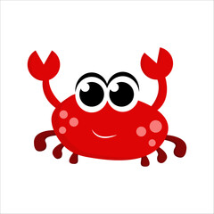 Cheerful crab with a cute smile and big expressive eyes on a white background. Vector illustration.