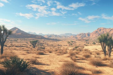 Naklejka premium Expansive desert landscape with mountains and sparse vegetation under a clear blue sky