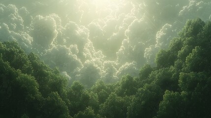 Obraz premium Lush green trees and billowing clouds dominate the dreamy landscape