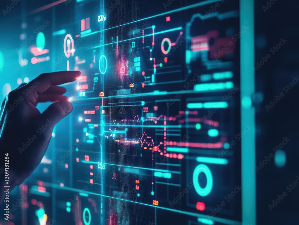 Poster a human hand gently interacting with a futuristic digital interface displaying colorful graphics and