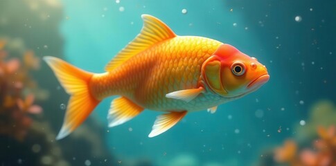 A vibrant orange fish gracefully swims through an aquatic environment, its scales shimmering under the gentle illumination