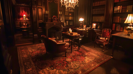 A dark and moody gothic-style study room with antique furniture and candlelight
