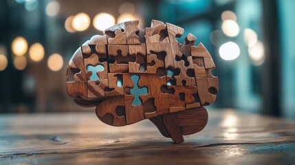 Wooden brain puzzle on a table. Wooden puzzle with a wooden brain. Generative ai blocks logical thinking. A brain teaser made of wood sitting on lifestyle a table.