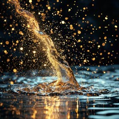 Nanoparticles floating in liquid with light refraction and reflection effects. Generated AI