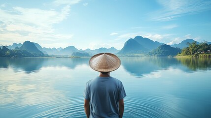 Fototapeta premium Serene Asian Landscape Tranquil Lake Mountains Stunning View Peaceful Nature Scene Calm Water Reflection Beautiful Scenery Breathtaking Panorama 
