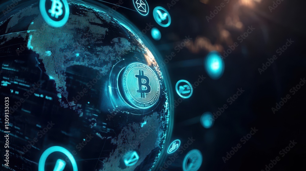 Poster a digital representation of a globe surrounded by floating bitcoin icons symbolizing global finance 