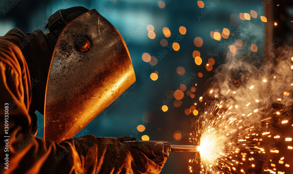Poster crafting metal: a dynamic scene capturing the art of welding with sparks flying and passionate craft