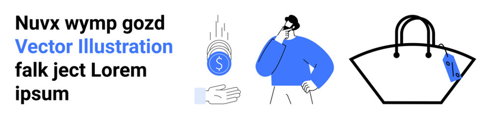 Man thinking, coins falling into a hand, and a shopping bag with a price tag. Ideal for e-commerce, online shopping, decision-making, financial planning, marketing, consumer behavior flat landing