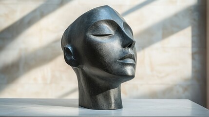 A sleek, modern sculpture head with an abstract design, set against a clean, minimalistic background, focusing on the interplay of light and shadow 