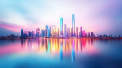Fototapeta premium Vibrant City Skyline Under a Bright Blue Sky with a Stunning Pink Sunset Enhancing the Urban Landscape and Creating a Captivating Evening Atmosphere