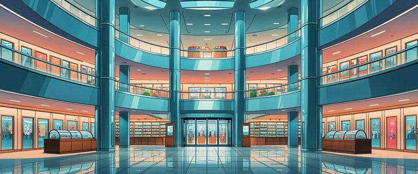 anime Multi level department store with glass elevators and sleek displays retro cartoon illustration