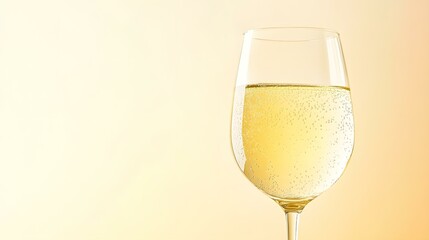 A glass of chilled elderflower cordial with condensation on the surface, placed against a gradient background transitioning from pastel yellow to soft white on the right. The minimalist composition