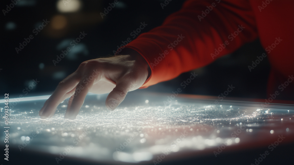 Poster person interacting with digital interface, exploring glowing map of data. hand hovers over surface, 
