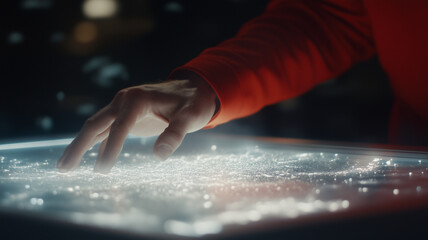 person interacting with digital interface, exploring glowing map of data. hand hovers over surface, creating sense of wonder and discovery