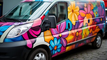 Naklejka premium Colorful Custom Painted Van, Street Art Design, Mobile Advertising, Urban Decor, Vibrant Colors