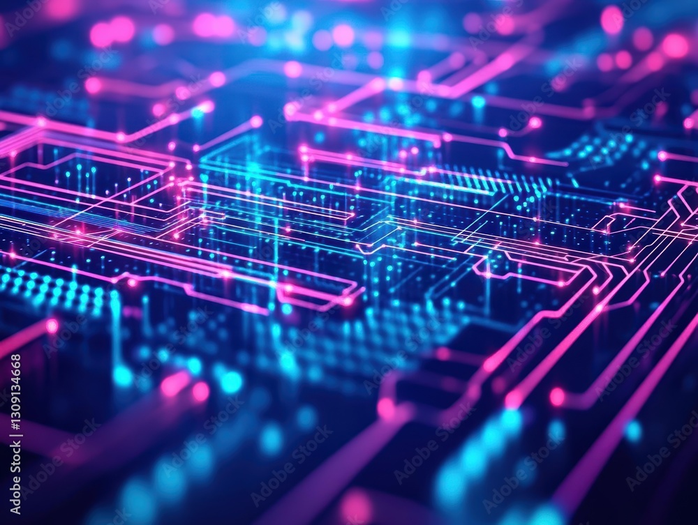 Aufkleber vibrant computer circuit board illuminated with striking blue and pink lights creating a futuristic 