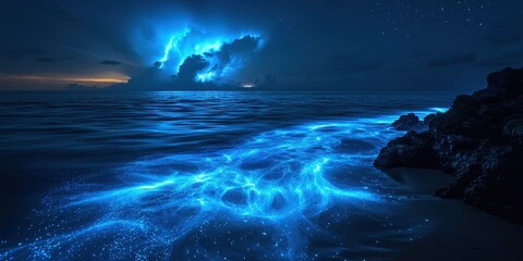 Naklejka premium Bioluminescent plankton glowing in the ocean, surreal magical blue