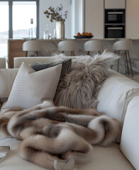 A cozy living room with a couch,t, and pillows . The room is decorated with various houseplants, creating a lush and inviting atmosphere.