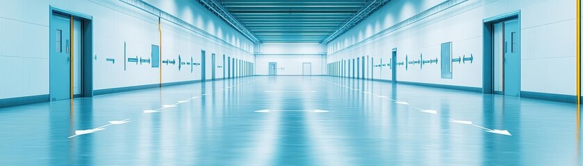 Fototapeta premium A Long Hallway Featuring Striking Blue Walls Adorned with Bright Yellow Arrows Creating a Unique and Inviting Atmosphere for Exploration and Discovery