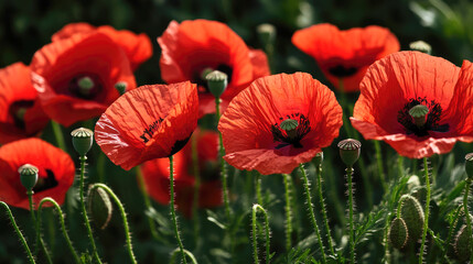 Fototapeta premium Vibrant red poppies blooming in a sunlit garden