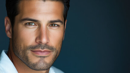 Obraz premium Portrait of young caucasian male with short dark hair and beard against dark background