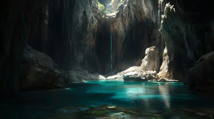 Dark Cave with Teal Pool and Sunlight