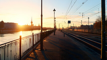 Obraz premium Sunset Cityscape View Over Waterfront Railway Bridge Illuminated With Golden Hour Lights