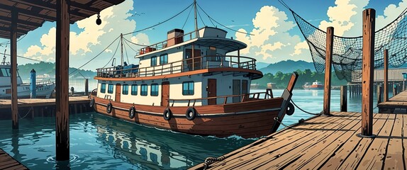 Fototapeta premium anime Riverboat docked at a wooden pier with fishing nets hanging nearby background retro cartoon illustration