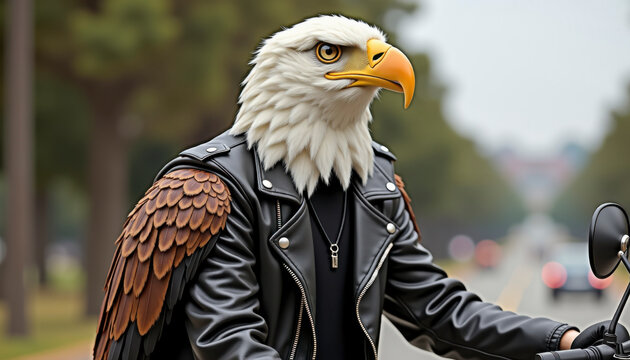 Person wearing an eagle mask and feathered jacket riding a motorcycle on city street
