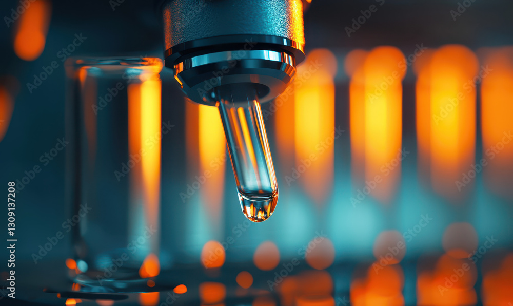 Poster exploring precision in liquid analysis: a close-up view of laboratory techniques and modern scientif