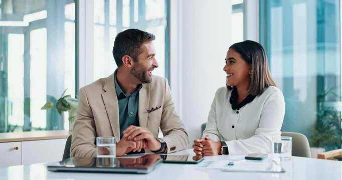 Happy, business people and meeting with high five for success, teamwork or corporate deal at office desk. Businessman, woman or colleagues with smile for B2B, partnership or agreement at workplace