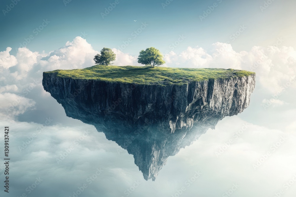Poster floating island with trees and clouds in a serene sky at dawn