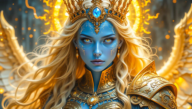 A celestial warrior queen with radiant blue skin