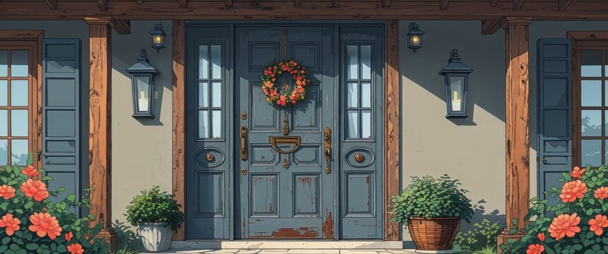 anime rustic front door in gray mansion home house frontage portrait retro cartoon illustration