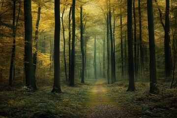 Obraz premium Mystical forest pathway surrounded by tall trees on a foggy day in autumn