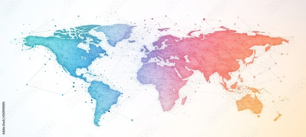 Poster watercolor world map with global network connections and gradient overlay, 85- 100 characters...