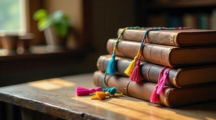 A Stack of Vintage Books Adorned with Colorful Tassels Resting on a Wooden Table in Soft Sunlight
