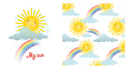 Obraz premium Baby pattern with bright cute sun and rainbow, cloud and rain, baby shower greeting card. Seamless background with weather, cute vector texture for baby bedding, fabric, wallpaper, wrapping paper, tex