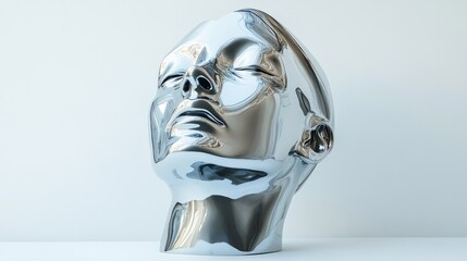 An abstract modern sculpture head, made of polished metal, displayed on a plain white background for a striking visual contrast 
