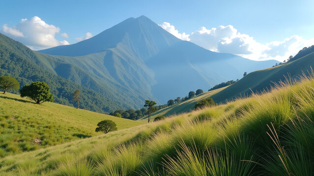 serene merbabu landscape features rolling grass wispy clouds blue mountain